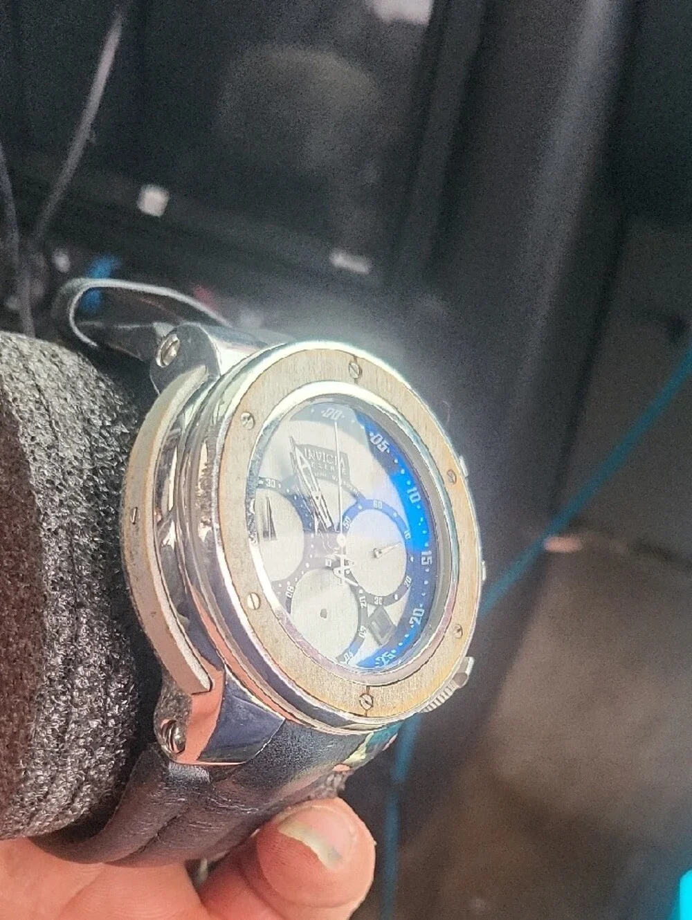 Invicta Silver and Black Chronograph Watch with Black Strap